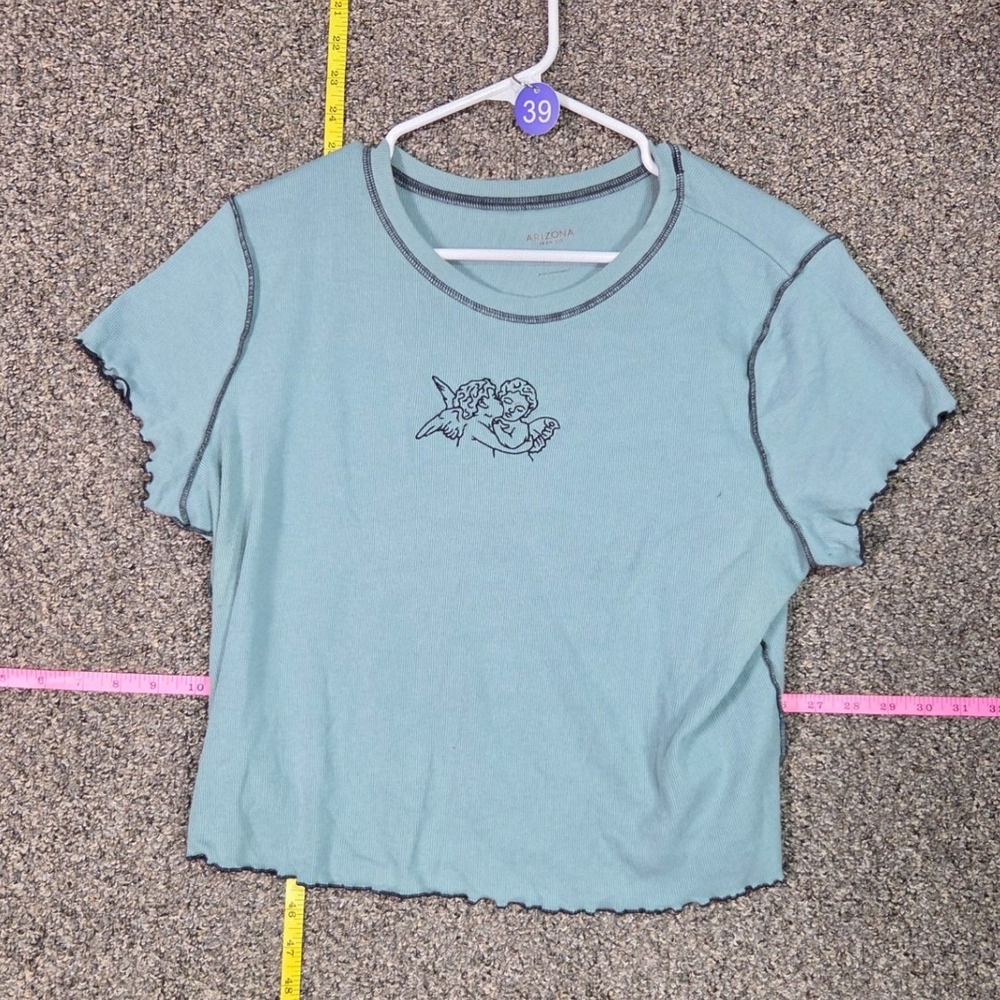 Arizona Jean Co Baby Tee Women XXL Blue Cherub Angel Lettuce Edge Ribbed